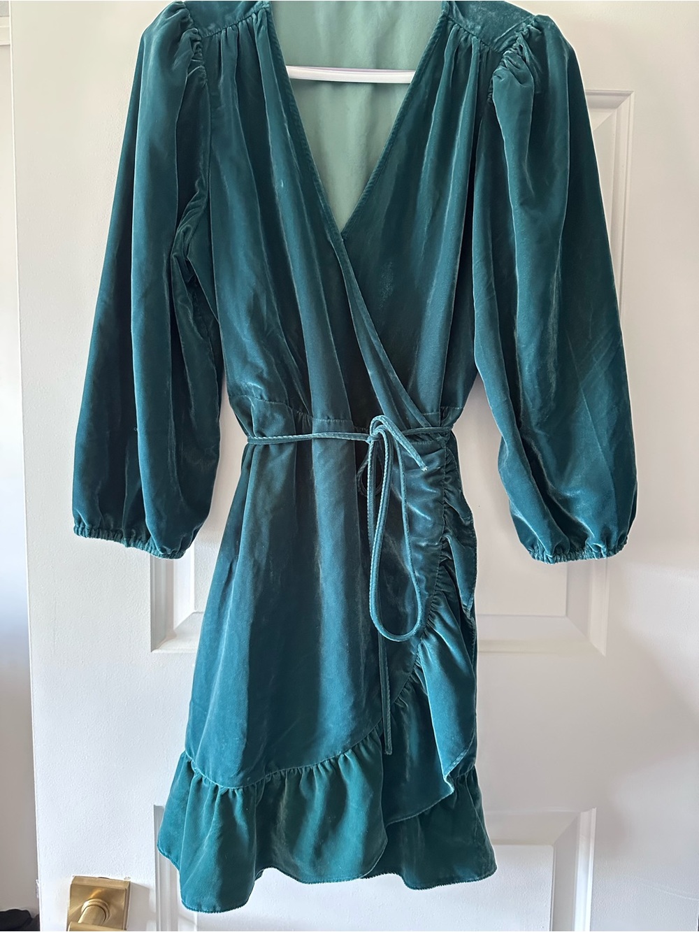 GAP Teal Velvet Wrap Dress with Puff Long Sleeves